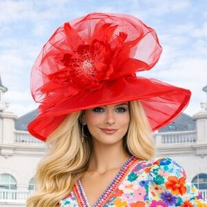 New Wide Brim Red Floral Derby Hat – KY Oaks, Garden Tea Party, Race Day Ready